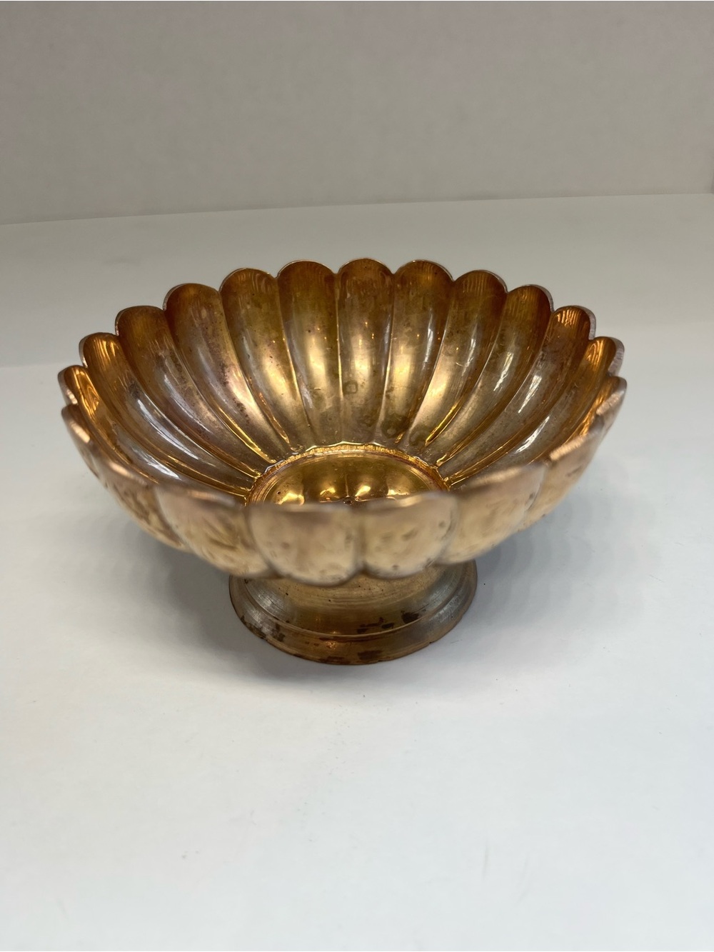 Vintage Fluted Metal Pedestal Bowl in Warm Brass